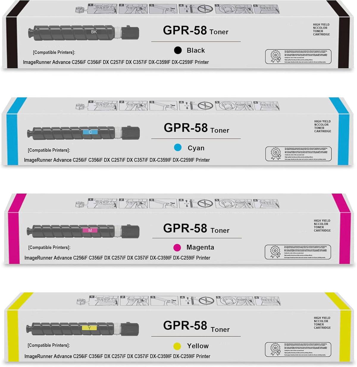 Compatible GPR-58 GPR58 Black Cyan Magenta Yellow Toner Cartridge Replacement for Canon GPR-58 GPR58 Toner ImageRunner Advance C256iF C356iF DX C257iF DX C357iF DX-C359IF DX-C259IF Printer