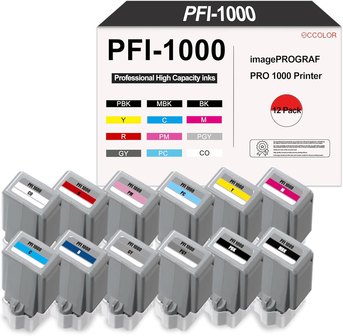 PFI-1000 Ink Cartridges 12 Pack Replacement for Canon PFI 1000 Ink Cartridge use for imagePROGRAF PRO 1000 Printer.MBK PBK C M Y R GY B PGY PC PM CO