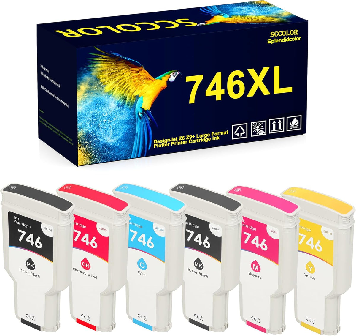 746 Ink Cartridge 300ml 746XL Ink Cartridge(P2V78A P2V79A P2V80A P2V81A P2V82A P2V83A) Replacement for DesignJet 746 Z6 Z9+ Large Format Plotter Printer