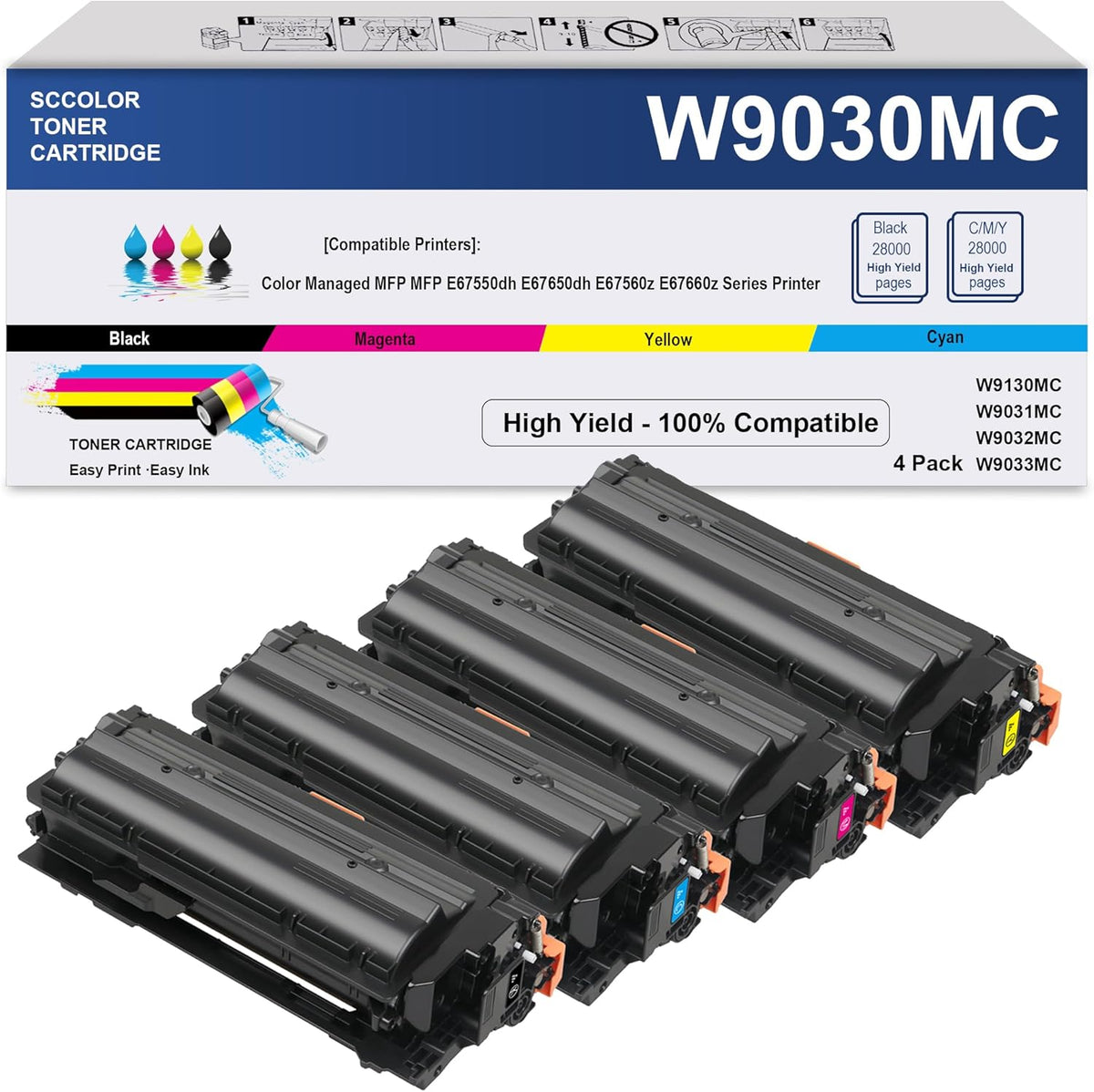 W9030MC W9031MC W9032MC W9033MC Toner Cartridge Replacement for MFP E67550dh E67650dh E67560z E67660z Printer.4Pack